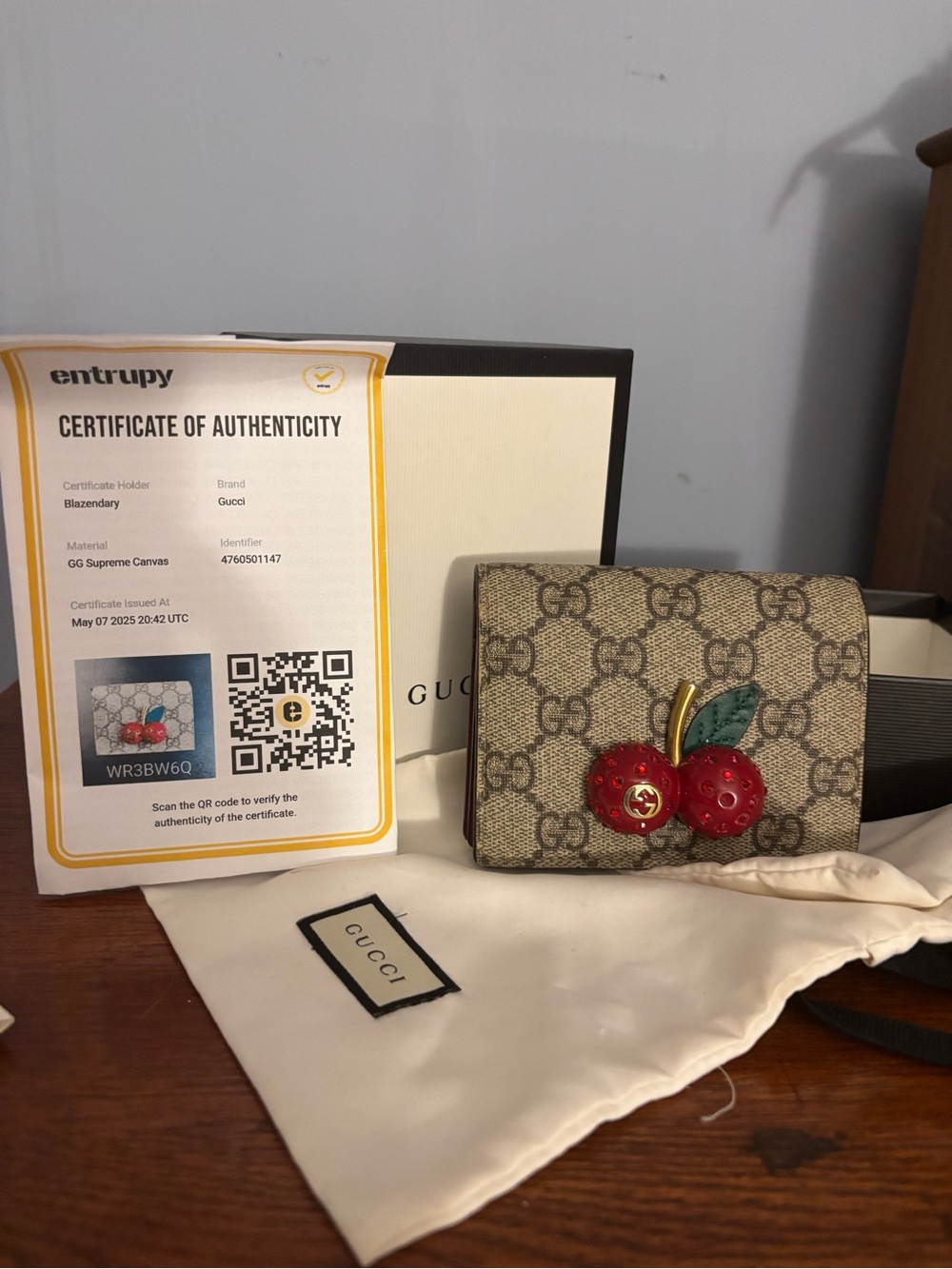 Gucci GG Supreme Canvas Wallet with Red Cherry Appliqué